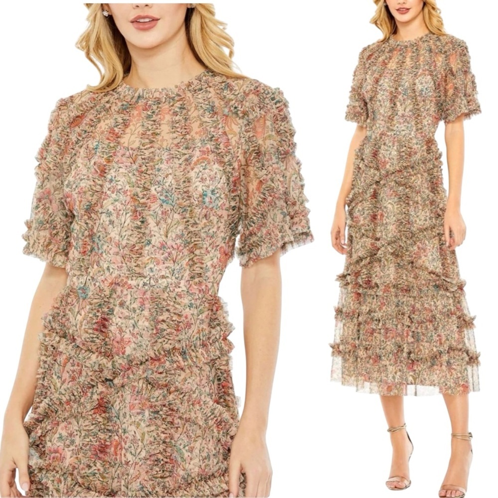 MAC DUGGAL Beige Floral Midi Dress with Ruffle Detailing